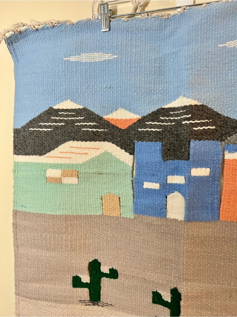 Vintage Hand Woven 3-D Mexican Village Tapestry Southwest Rug Wall Hanging